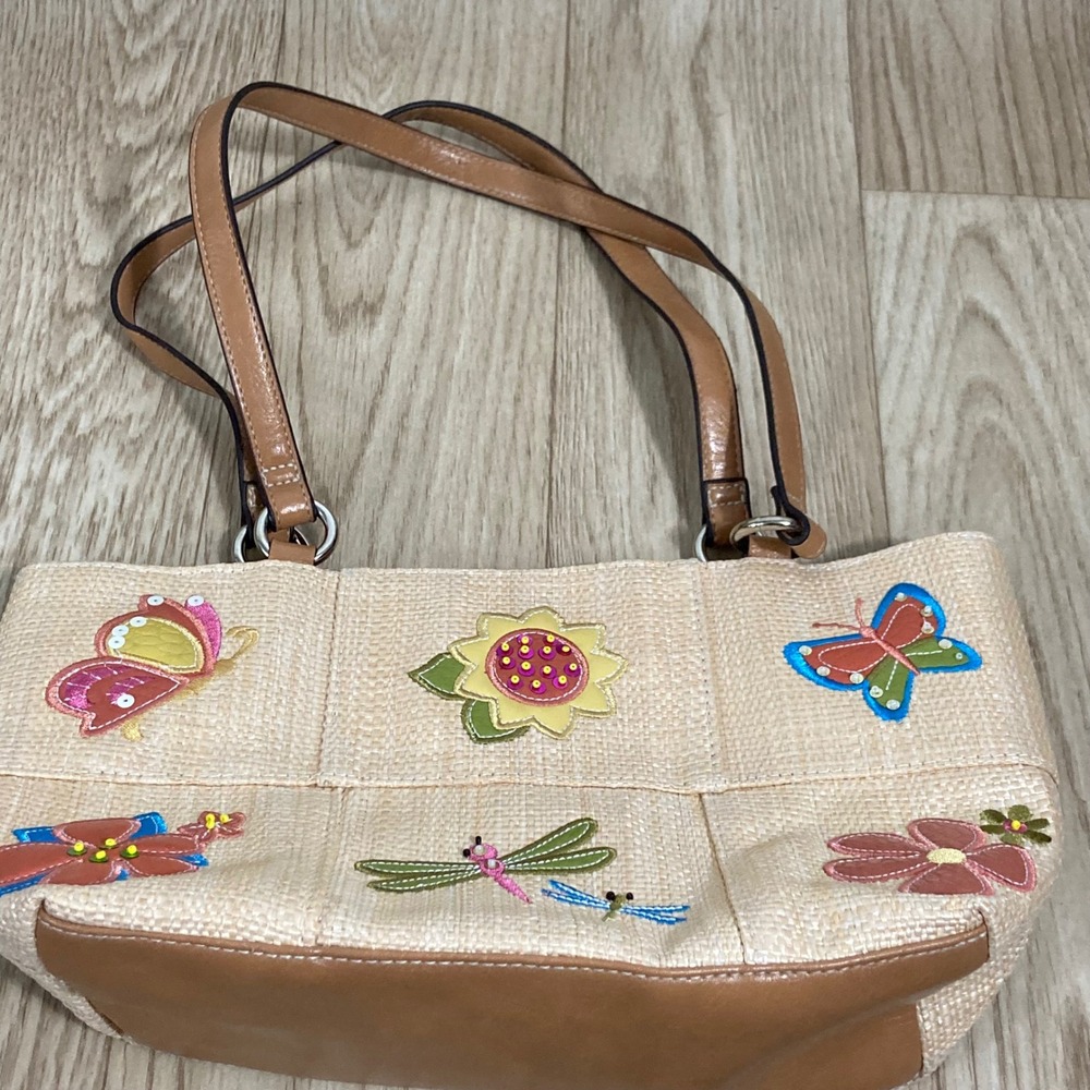 Unbranded Straw Shoulder Bag Women Medium Tan Beige Good Embroidered Butterfly